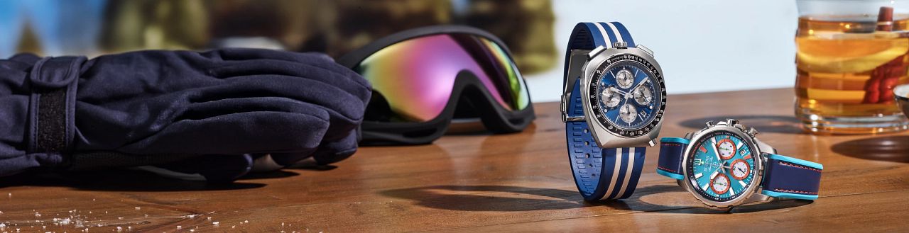 Shop all men's sport watches. Banner featuring image of SHELBY Racer Chronograph and E1 Teami Miami Watches,