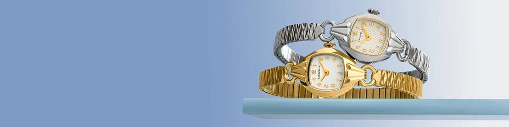Caravelle Women's Watches; Featuring Vintage Classic watch models 43L225 and 44L267 on a blue background