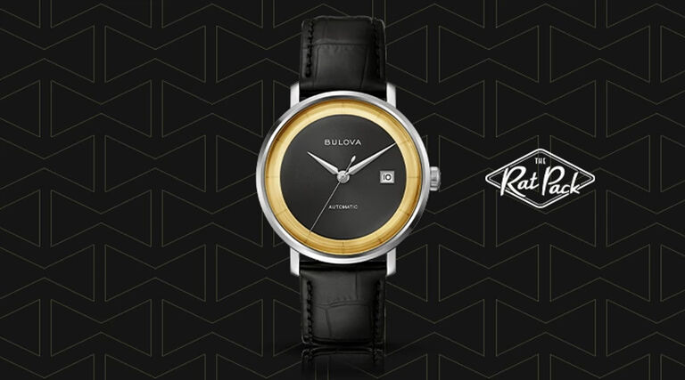 Shop all men's Frank Sinatra watches. Banner featuring image of model Rat Pack watch.