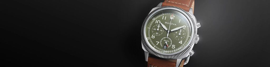 New Arrival Watches; Featuring an image of Military watch model 96B482 on a black background