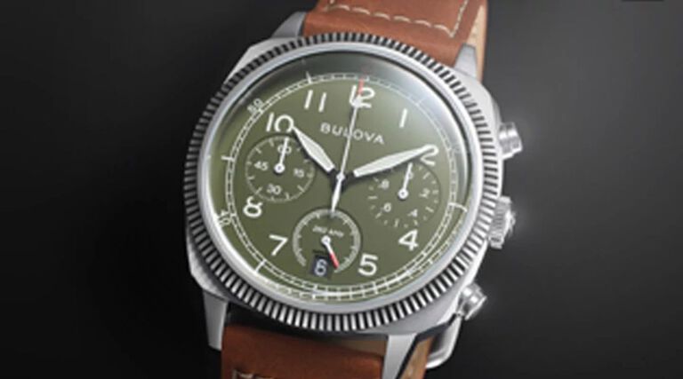 New Arrival Watches; Featuring an image of Military watch model 96B482 on a black background