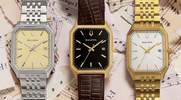 Musical Collab Watches; Featuring an image of three Tony Bennett watch models 97B235, 96B471 and 97B236 on a background of music sheets