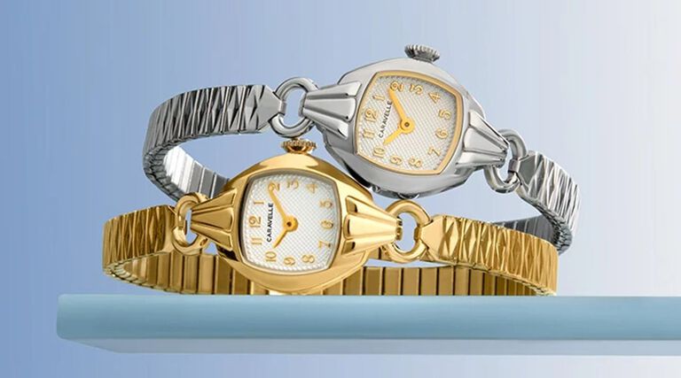 Caravelle Women's Watches; Featuring Vintage Classic watch models 43L225 and 44L267 on a blue background