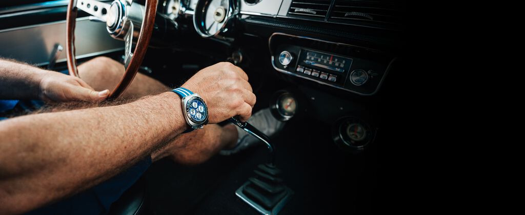 Man wearing the SHELBY&reg; Racer Chronograph watch model 98B452
