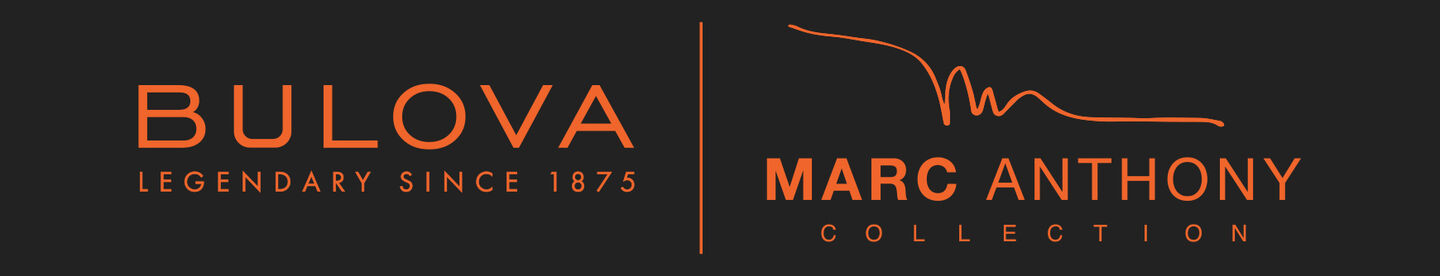 Marc Anthony Collection page; Bulova Marc Anthony Logo, text in orange colour with black background
